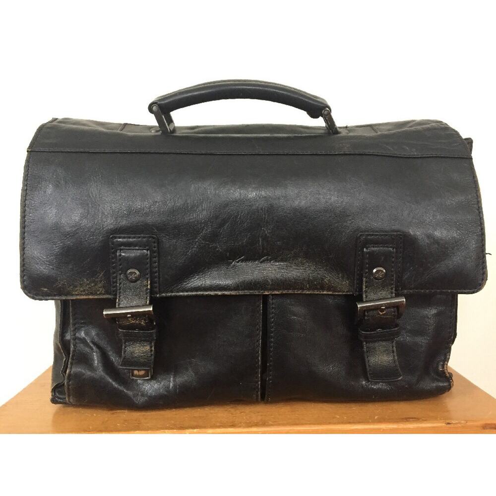 Kenneth Cole New York Black Leather Laptop Computer Messenger Doctors Case Bag
